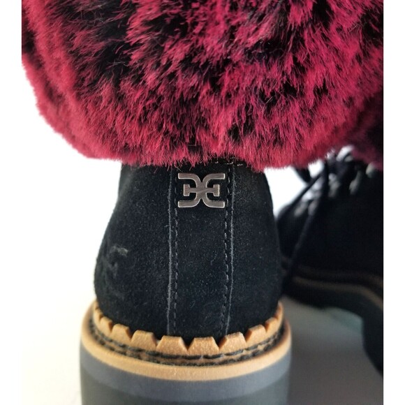 SAM EDELMAN Women's Black Suede Bowen Fashion Boots Sz 7 37 Dk Red Faux Fur Cuff - Picture 12 of 14